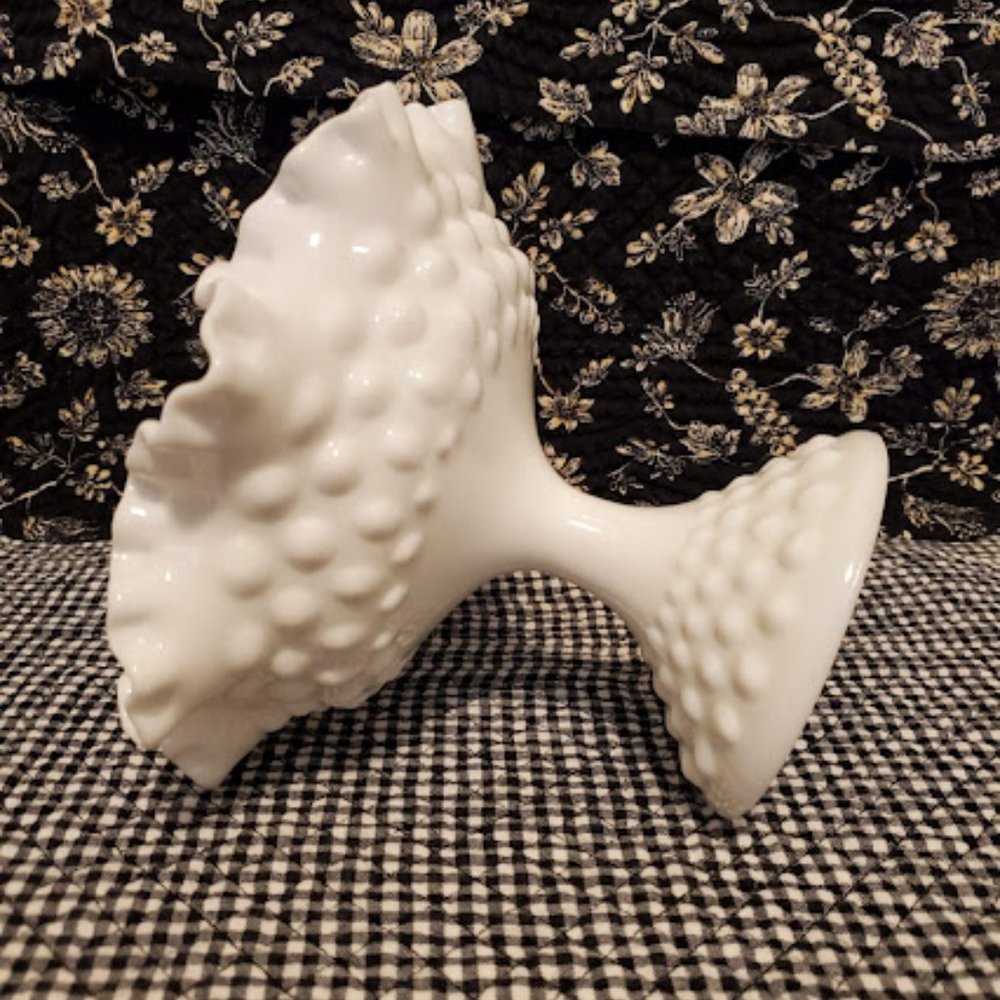 Fenton White Ruffled Hobnail Pedestal Compote - Picture 2 of 3